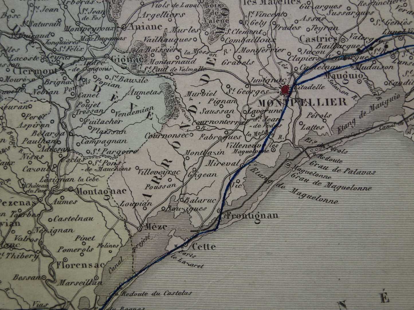 Hérault Frankrijk Oude kaart uit 1870 originele antieke handgekleurde landkaart Herault departement Montpellier