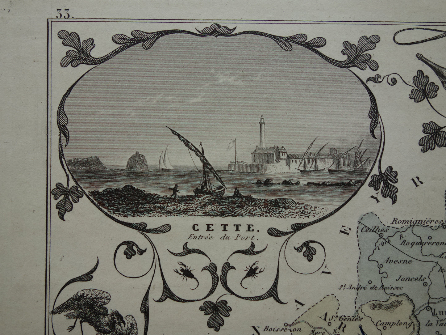 Hérault Frankrijk Oude kaart uit 1870 originele antieke handgekleurde landkaart Herault departement Montpellier