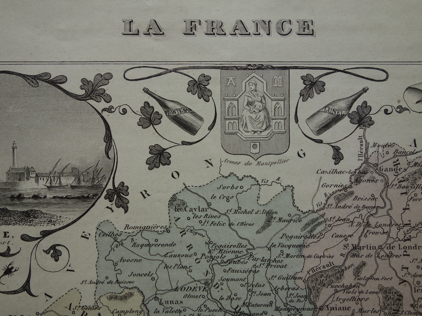 Hérault Frankrijk Oude kaart uit 1870 originele antieke handgekleurde landkaart Herault departement Montpellier
