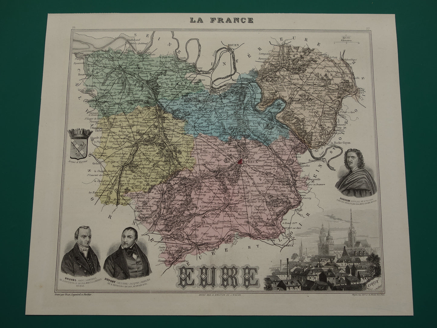 EURE Oude kaart van Eure departement in Frankrijk uit 1882 originele antieke handgekleurde landkaart Evreux