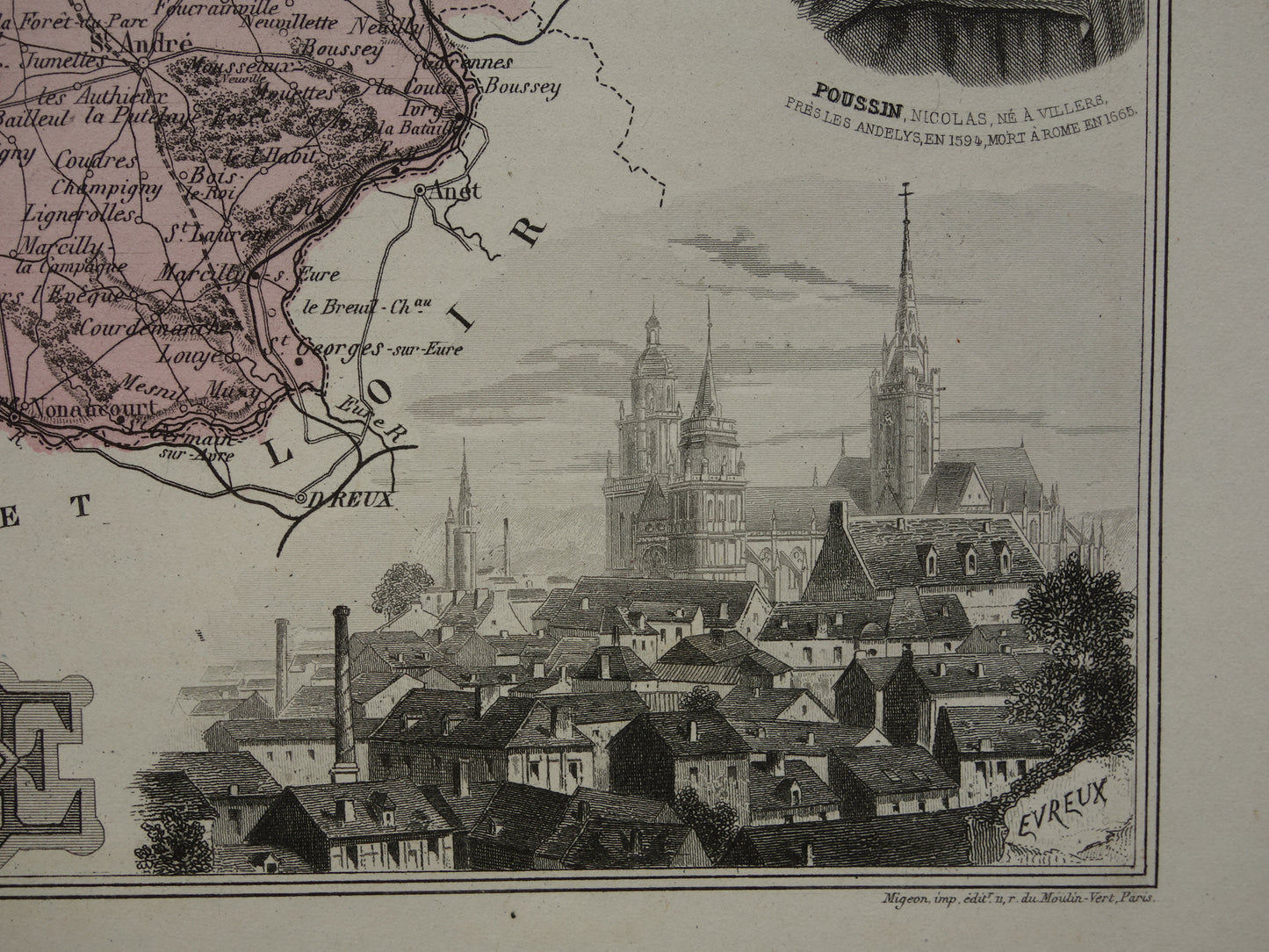 EURE Oude kaart van Eure departement in Frankrijk uit 1882 originele antieke handgekleurde landkaart Evreux