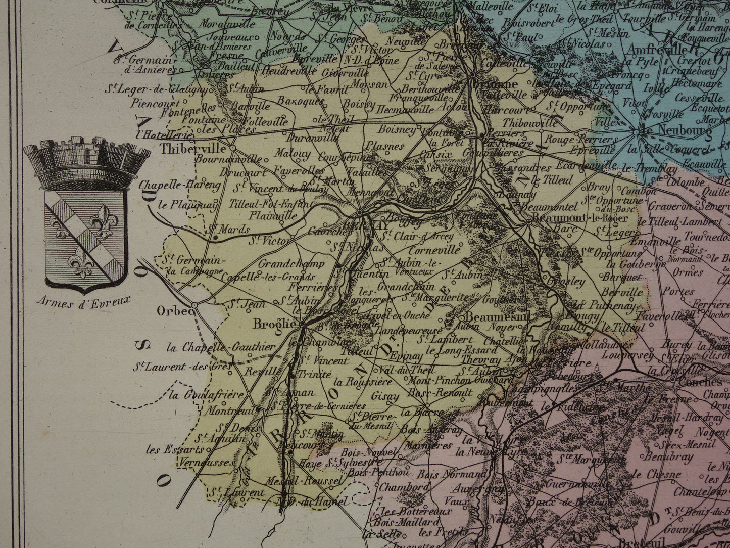 EURE Oude kaart van Eure departement in Frankrijk uit 1882 originele antieke handgekleurde landkaart Evreux