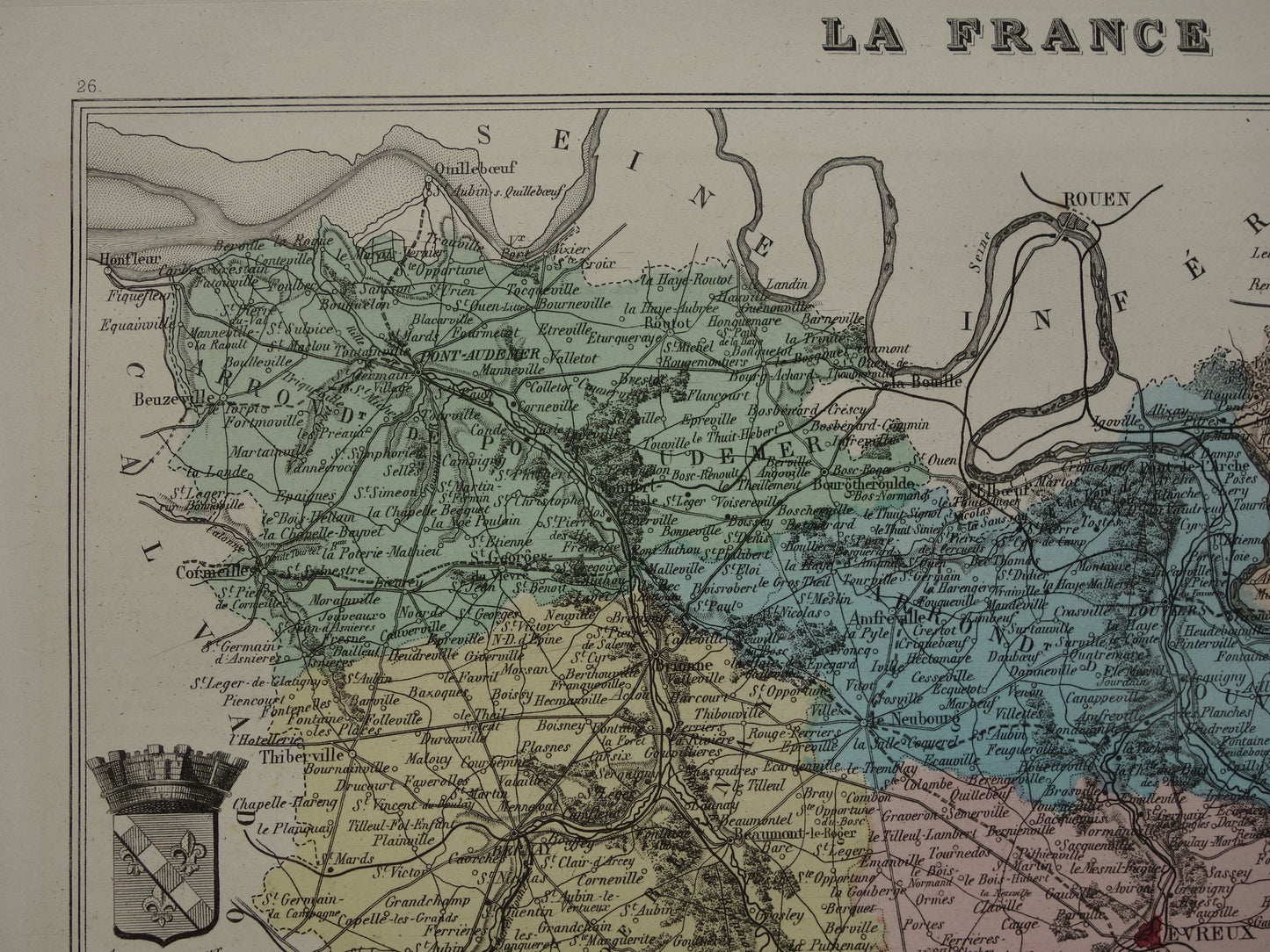 EURE Oude kaart van Eure departement in Frankrijk uit 1882 originele antieke handgekleurde landkaart Evreux