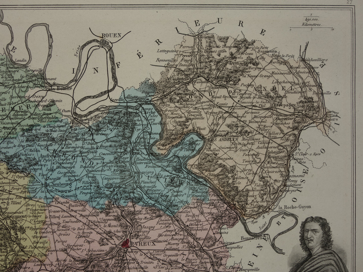 EURE Oude kaart van Eure departement in Frankrijk uit 1882 originele antieke handgekleurde landkaart Evreux