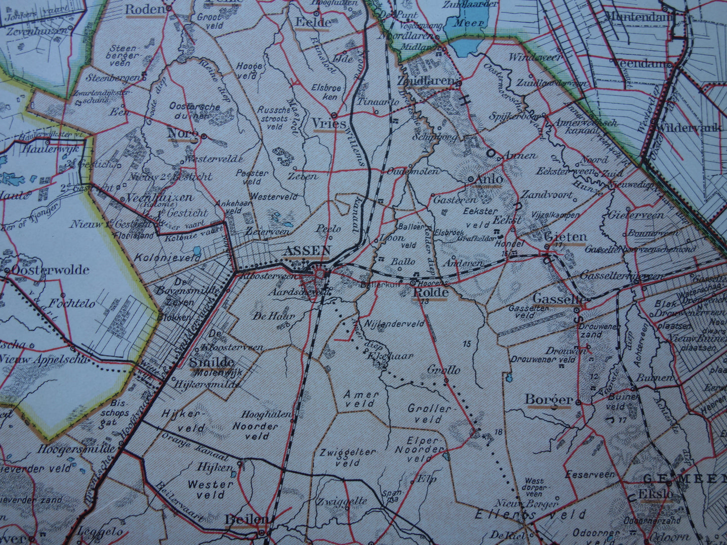 DRENTHE Oude landkaart van de provincie Drenthe uit 1916 originele vintage kaart Assen Maatschappij Weldadigheid