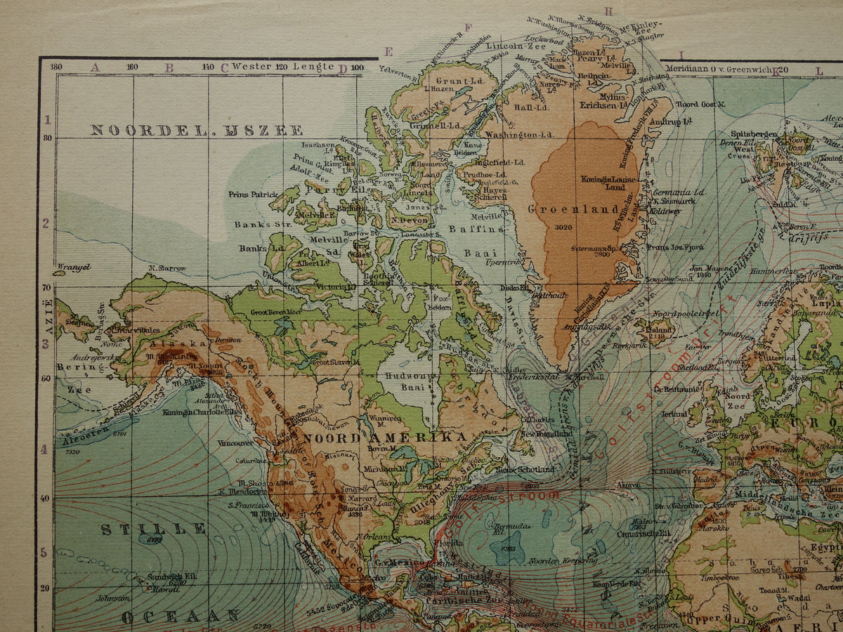 WERELDKAART oude Nederlandse wereldkaart van zeestromingen Originele antieke Nederlandse landkaart hoogtekaart