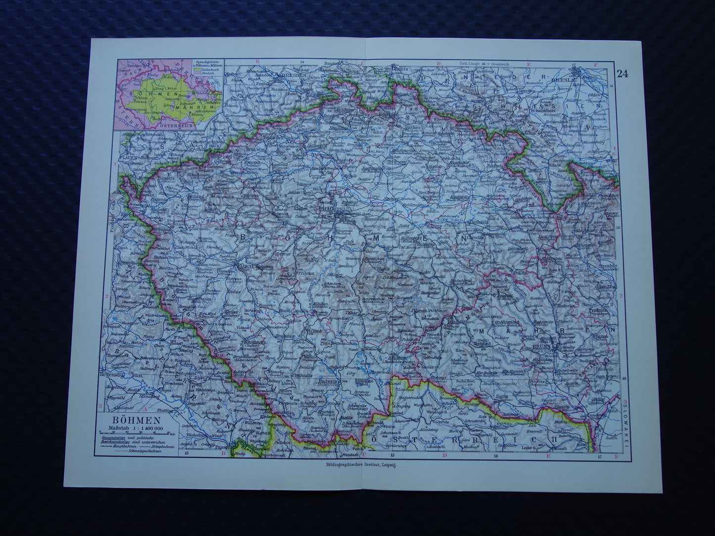 TSJECHIË oude landkaart van Tsjechië originele vintage van Bohemen en Moravië in 1928