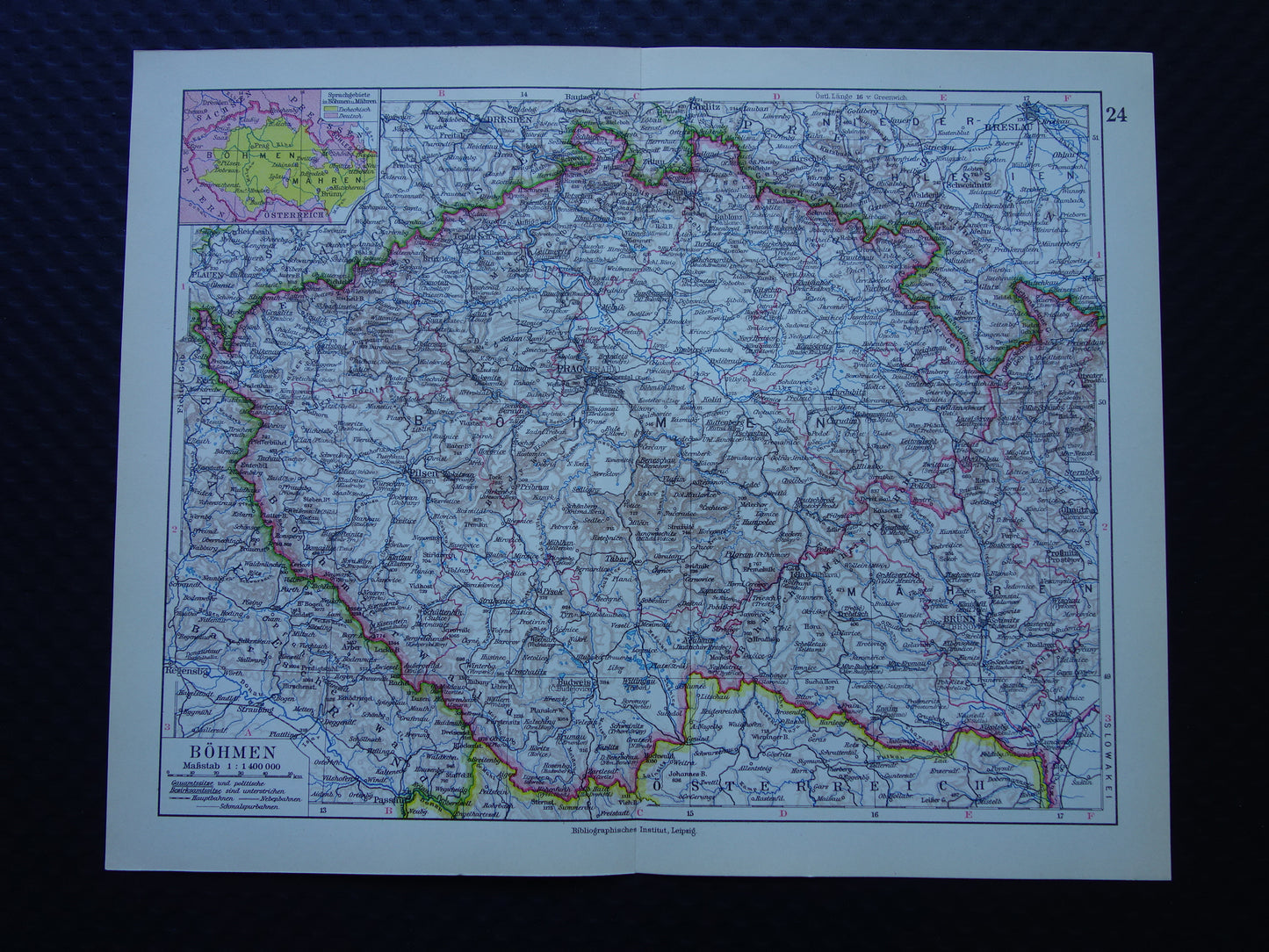 TSJECHIË oude landkaart van Tsjechië originele vintage van Bohemen en Moravië in 1928