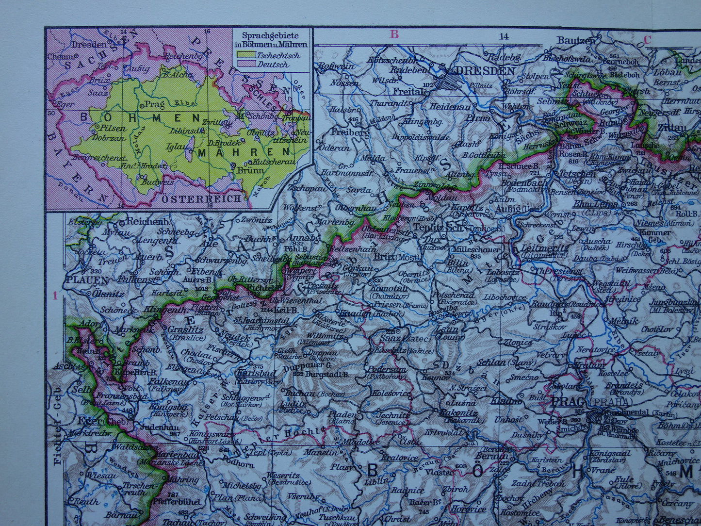 TSJECHIË oude landkaart van Tsjechië originele vintage van Bohemen en Moravië in 1928