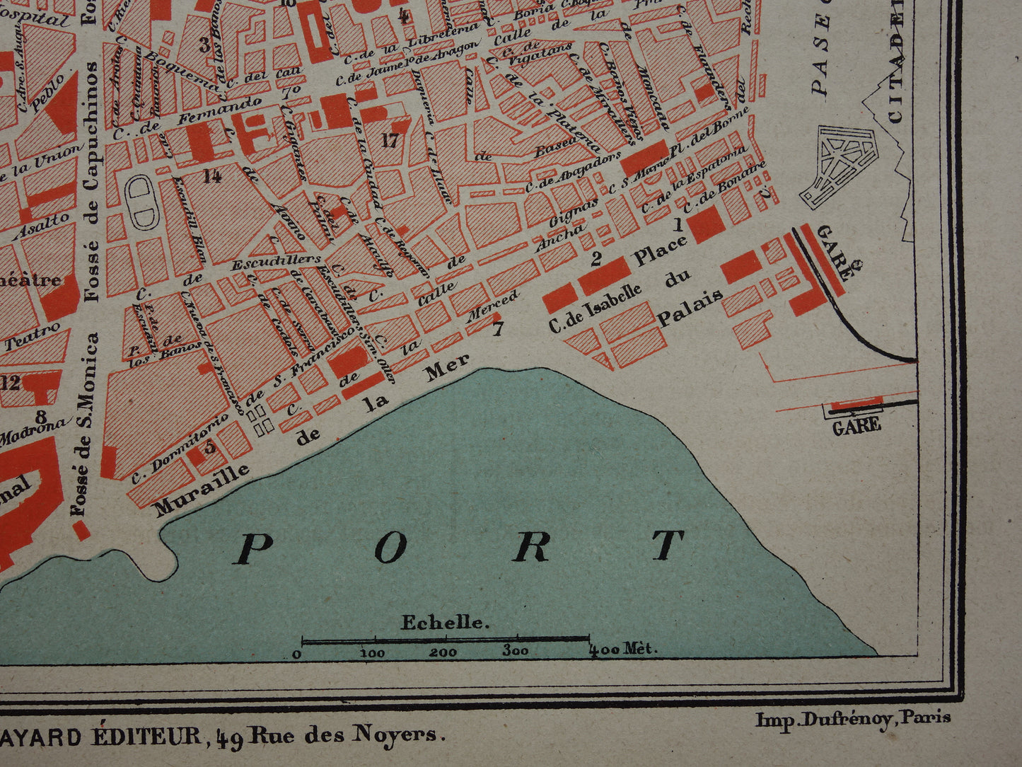 BARCELONA oude kaart van Barcelona Spanje uit 1877 originele antieke plattegrond vintage kaarten