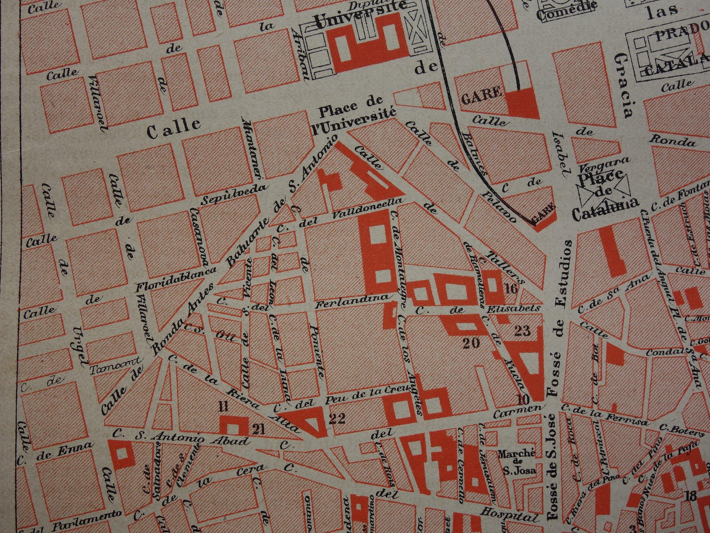BARCELONA oude kaart van Barcelona Spanje uit 1877 originele antieke plattegrond vintage kaarten