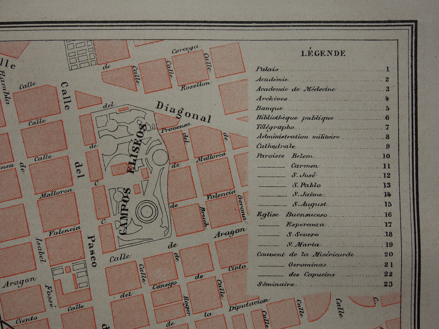 BARCELONA oude kaart van Barcelona Spanje uit 1877 originele antieke plattegrond vintage kaarten
