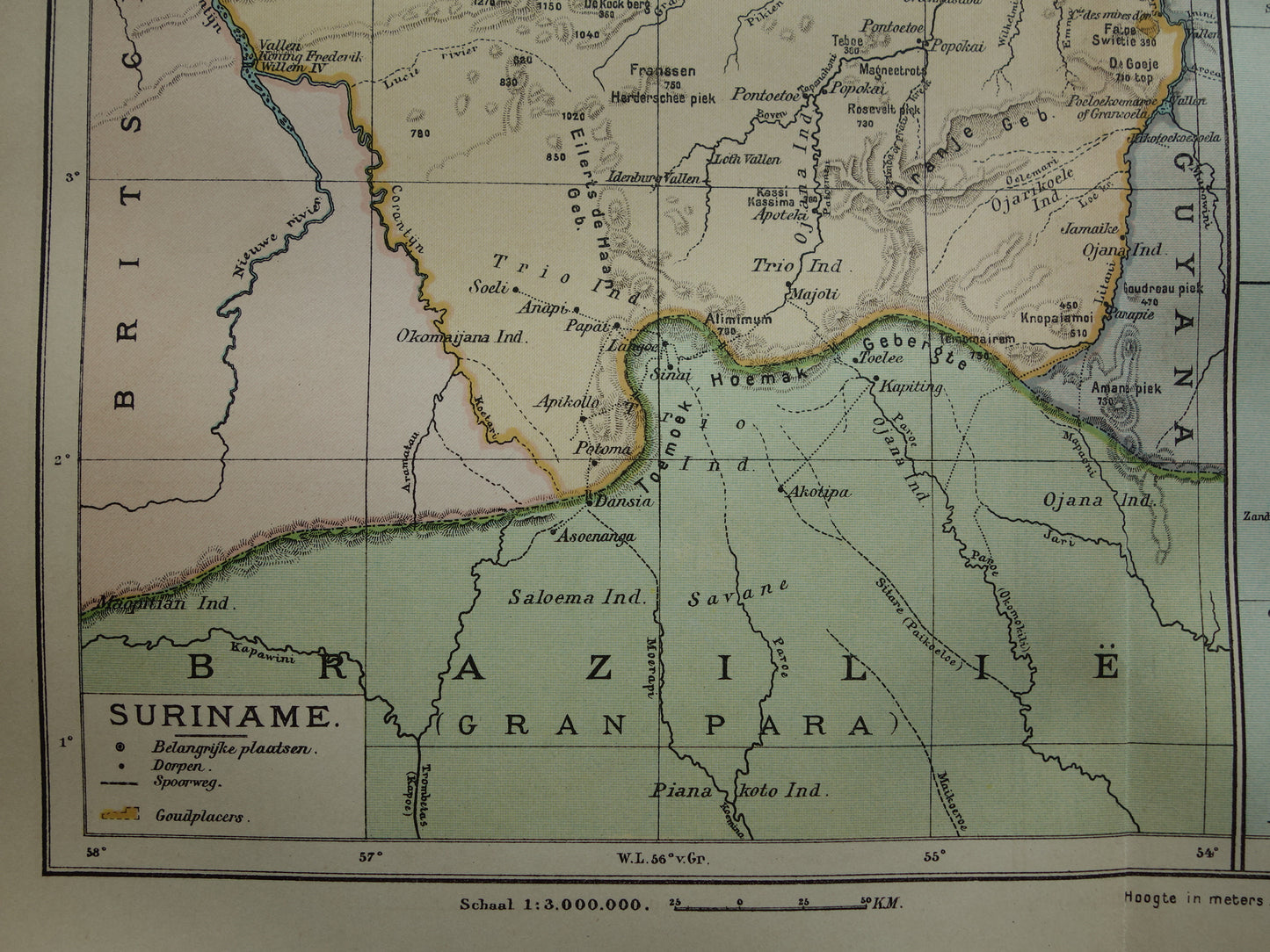 Suriname oude kaart uit 1922 originele antieke Nederlandse landkaart van Suriname en Caraïbisch gebied West-Indië