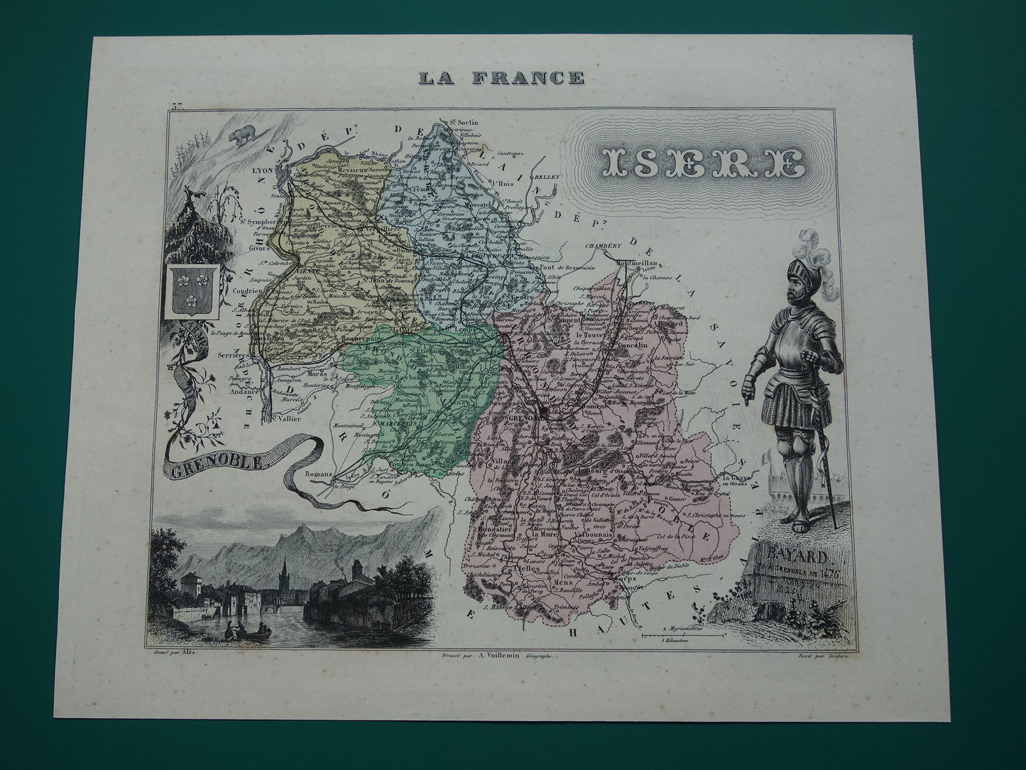 Isère Frankrijk Oude kaart uit 1870 originele antieke handgekleurde landkaart Isère departement Grenoble