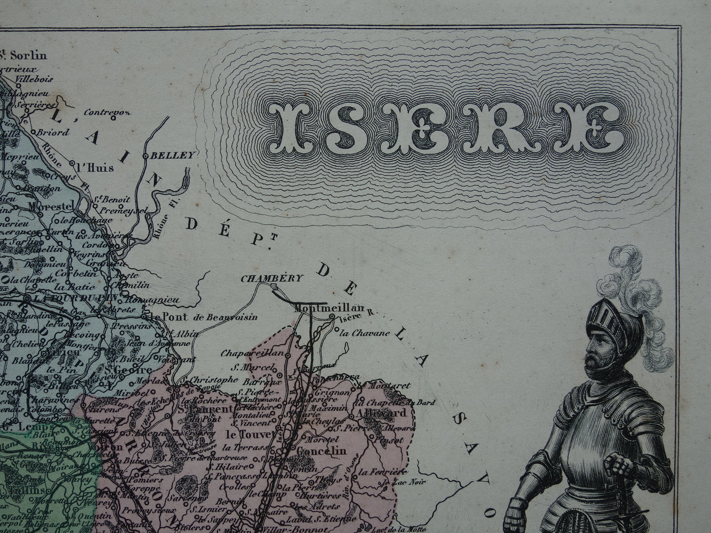Isère Frankrijk Oude kaart uit 1870 originele antieke handgekleurde landkaart Isère departement Grenoble