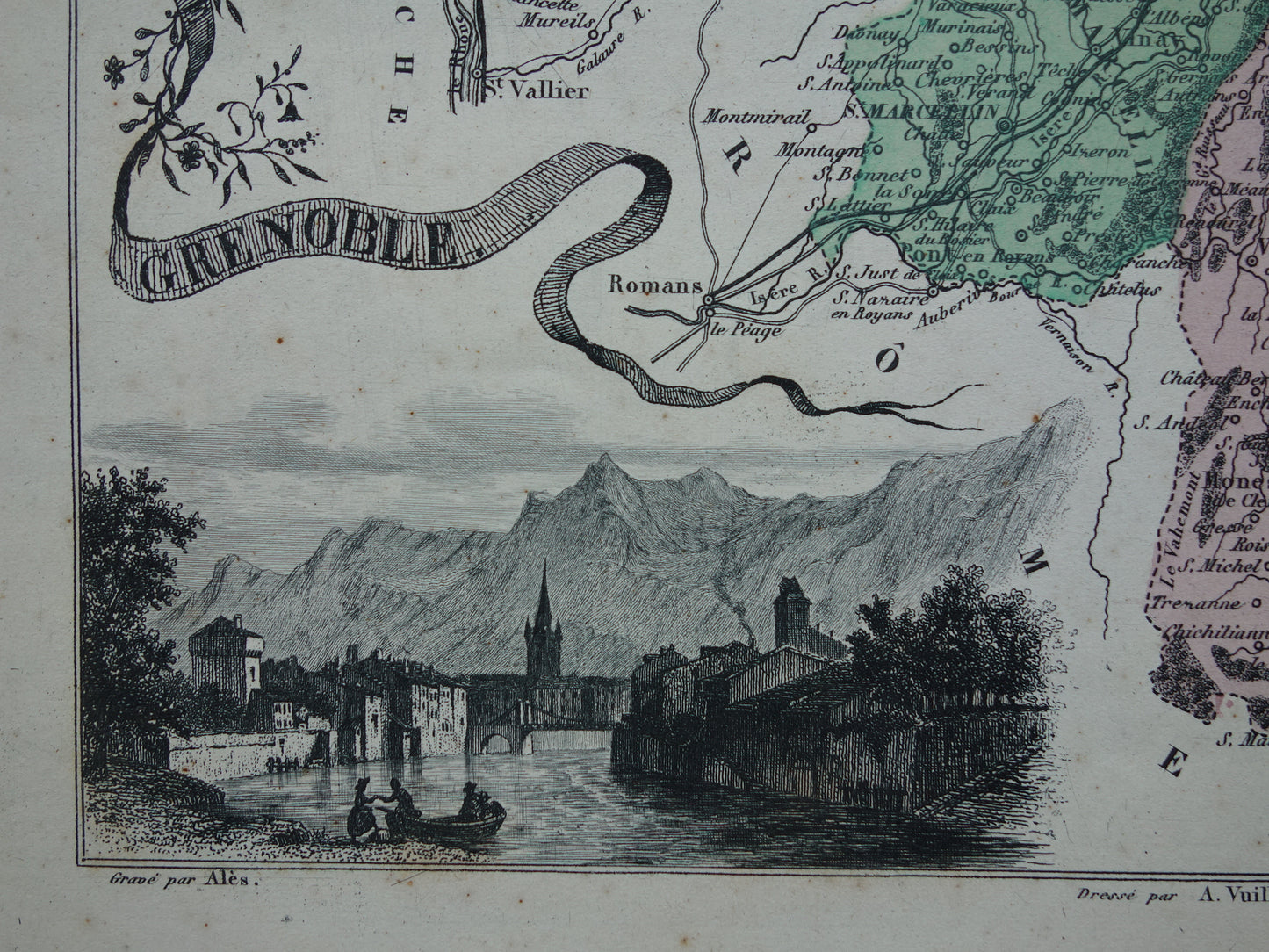Isère Frankrijk Oude kaart uit 1870 originele antieke handgekleurde landkaart Isère departement Grenoble