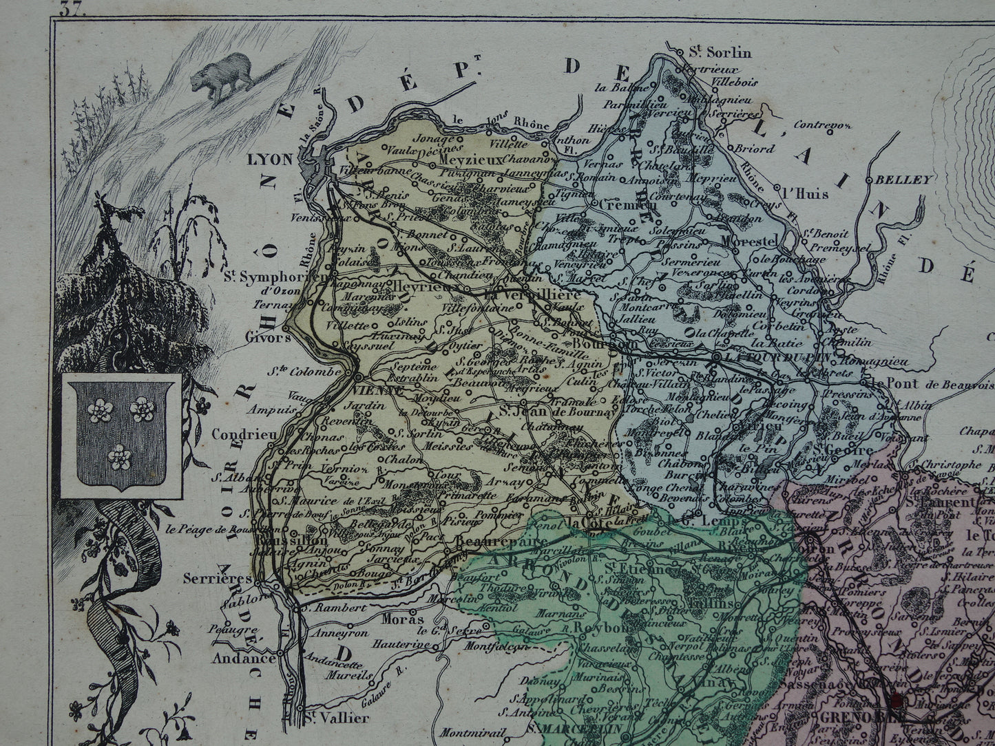 Isère Frankrijk Oude kaart uit 1870 originele antieke handgekleurde landkaart Isère departement Grenoble