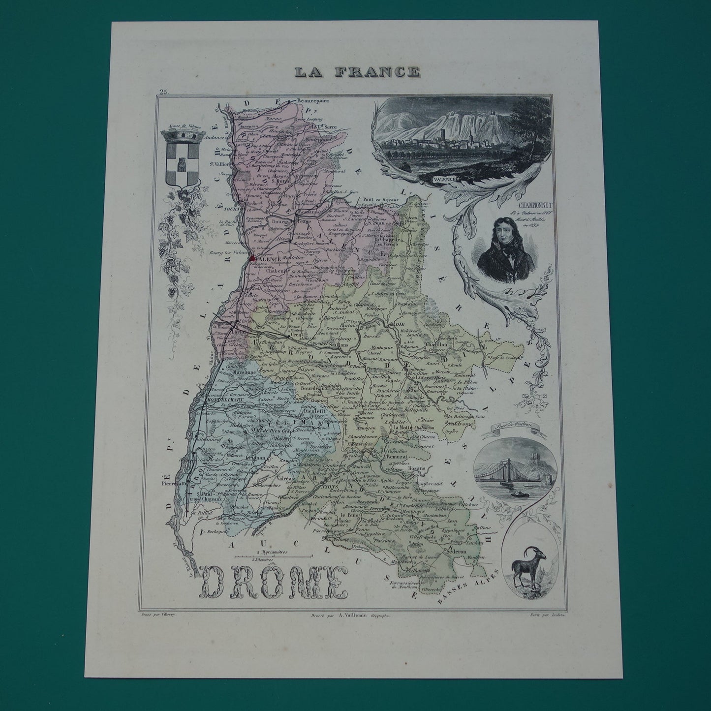 Oude kaart van DROME departement in Frankrijk uit 1870 originele antieke handgekleurde landkaart Valence Drôme