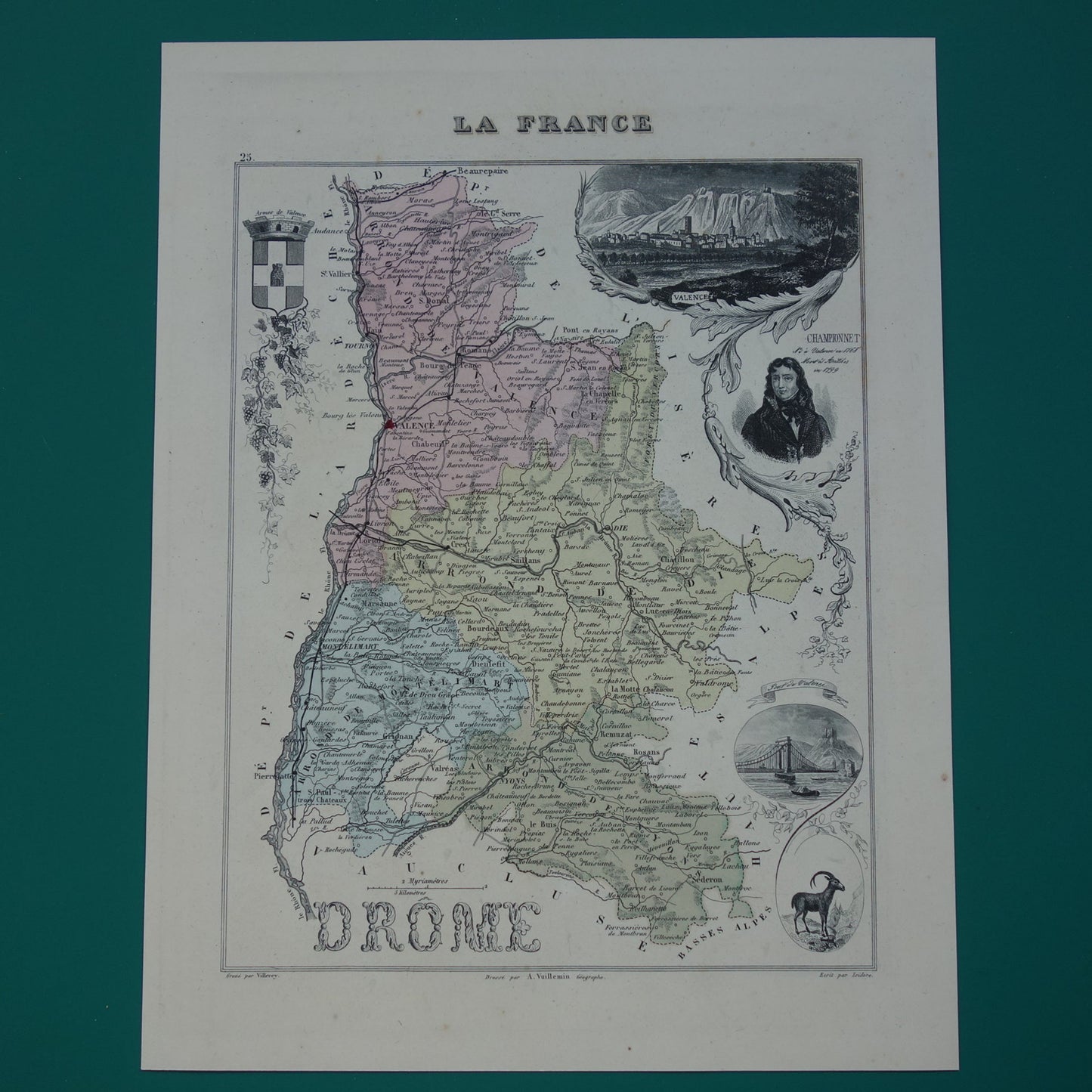 Oude kaart van DROME departement in Frankrijk uit 1870 originele antieke handgekleurde landkaart Valence Drôme