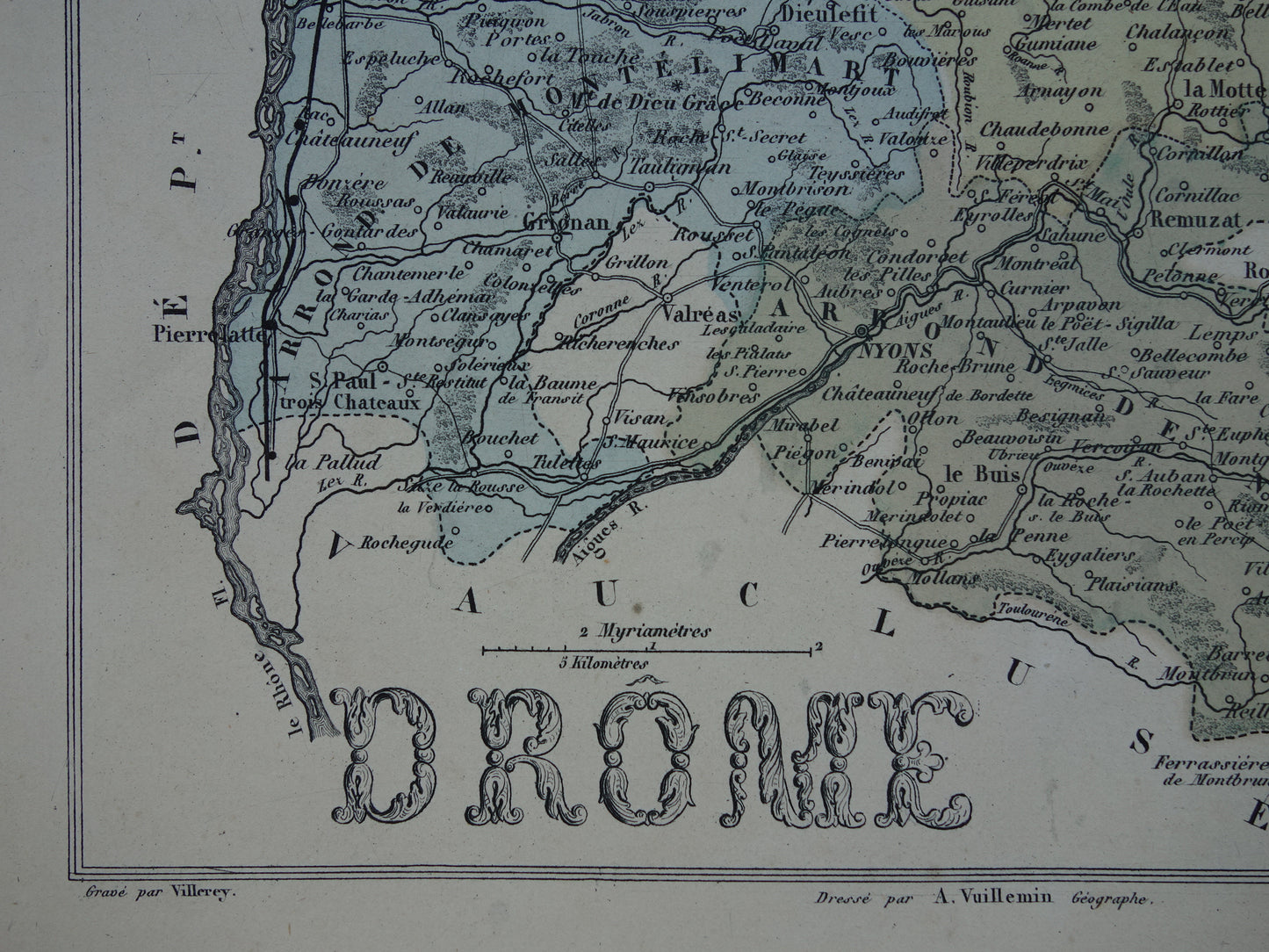 Oude kaart van DROME departement in Frankrijk uit 1870 originele antieke handgekleurde landkaart Valence Drôme