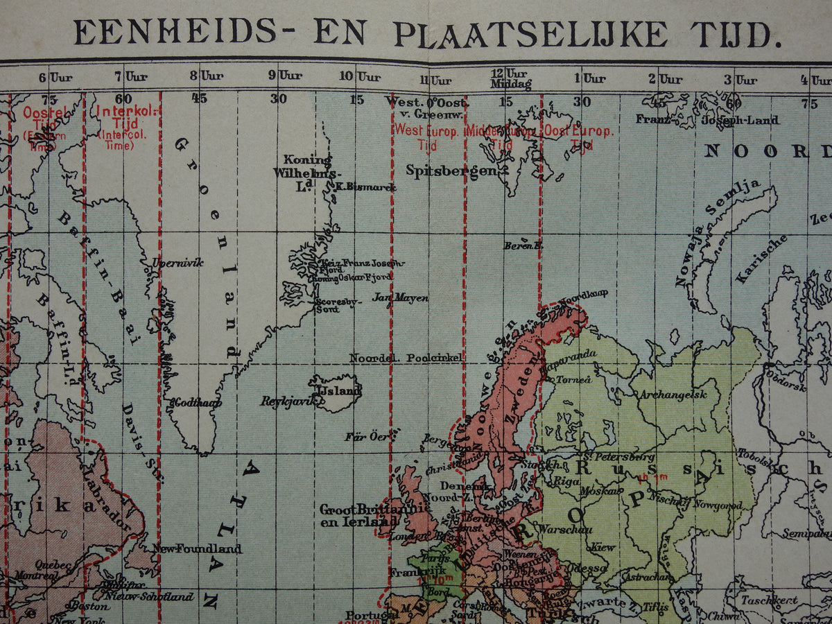 Weltkarte, alte Weltkarte mit Zeitzonen, 1907, originale antike niederländische Karte, historische Karten, Winterzeit, Sommerzeit