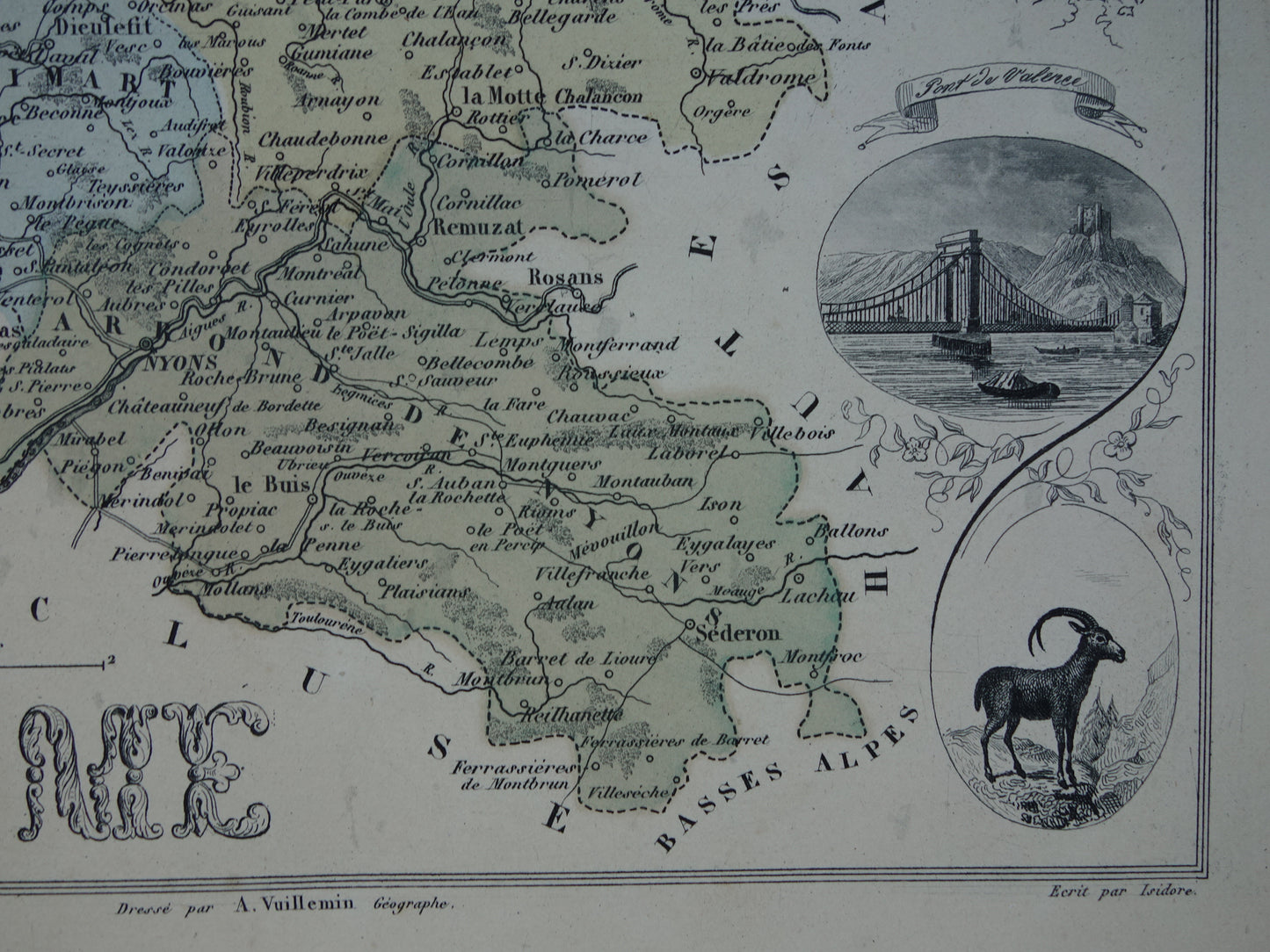 Oude kaart van DROME departement in Frankrijk uit 1870 originele antieke handgekleurde landkaart Valence Drôme