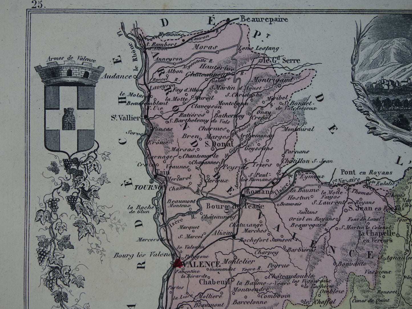 Oude kaart van DROME departement in Frankrijk uit 1870 originele antieke handgekleurde landkaart Valence Drôme