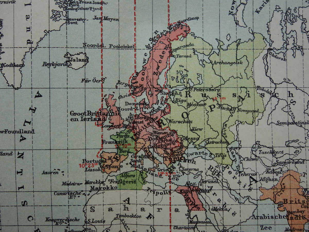 Weltkarte, alte Weltkarte mit Zeitzonen, 1907, originale antike niederländische Karte, historische Karten, Winterzeit, Sommerzeit