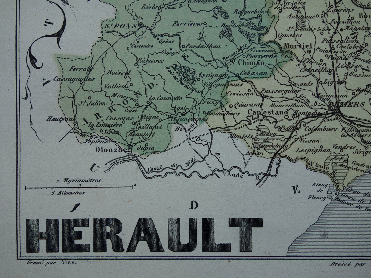 Hérault Frankrijk Oude kaart uit 1870 originele antieke handgekleurde landkaart Herault departement Montpellier