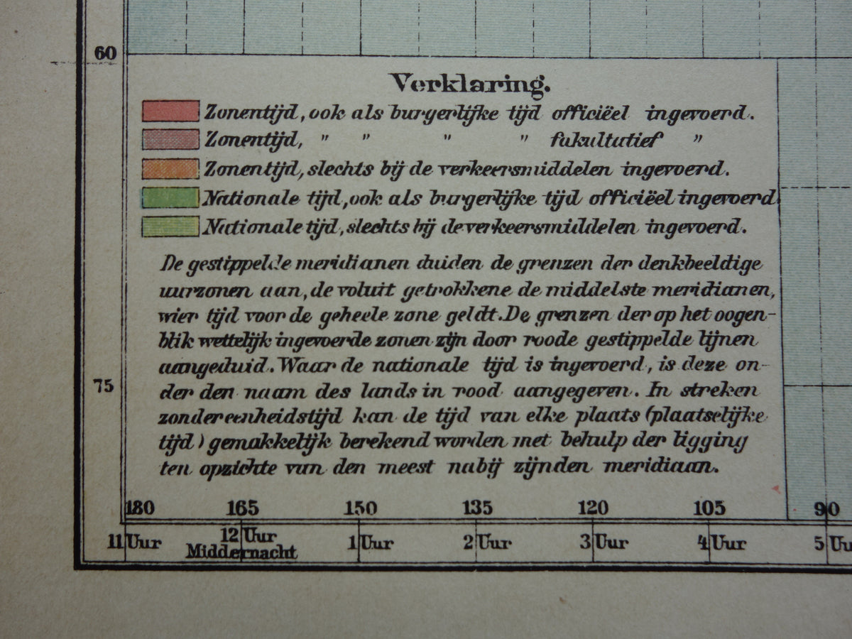 Weltkarte, alte Weltkarte mit Zeitzonen, 1907, originale antike niederländische Karte, historische Karten, Winterzeit, Sommerzeit