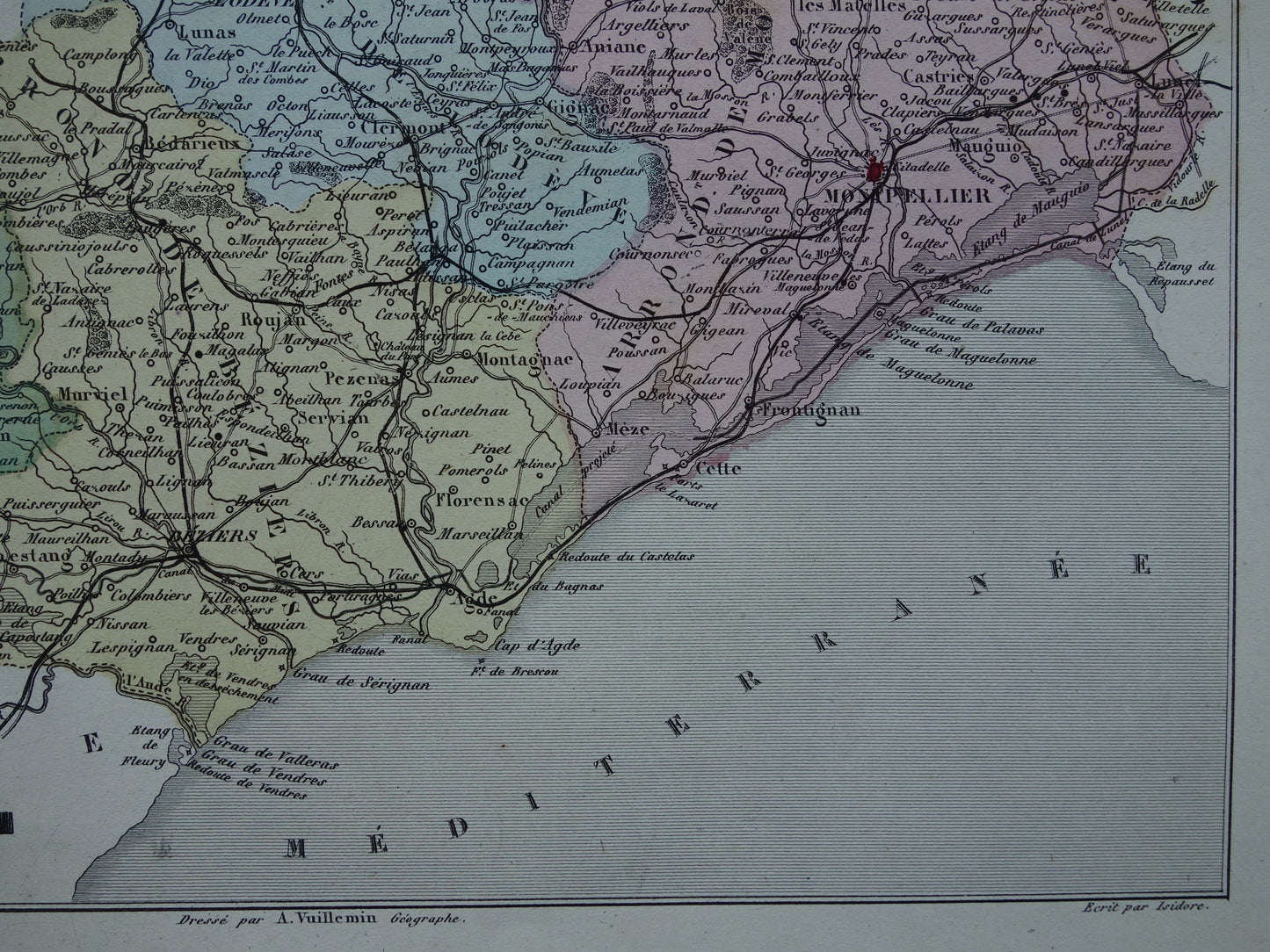 Hérault Frankrijk Oude kaart uit 1870 originele antieke handgekleurde landkaart Herault departement Montpellier