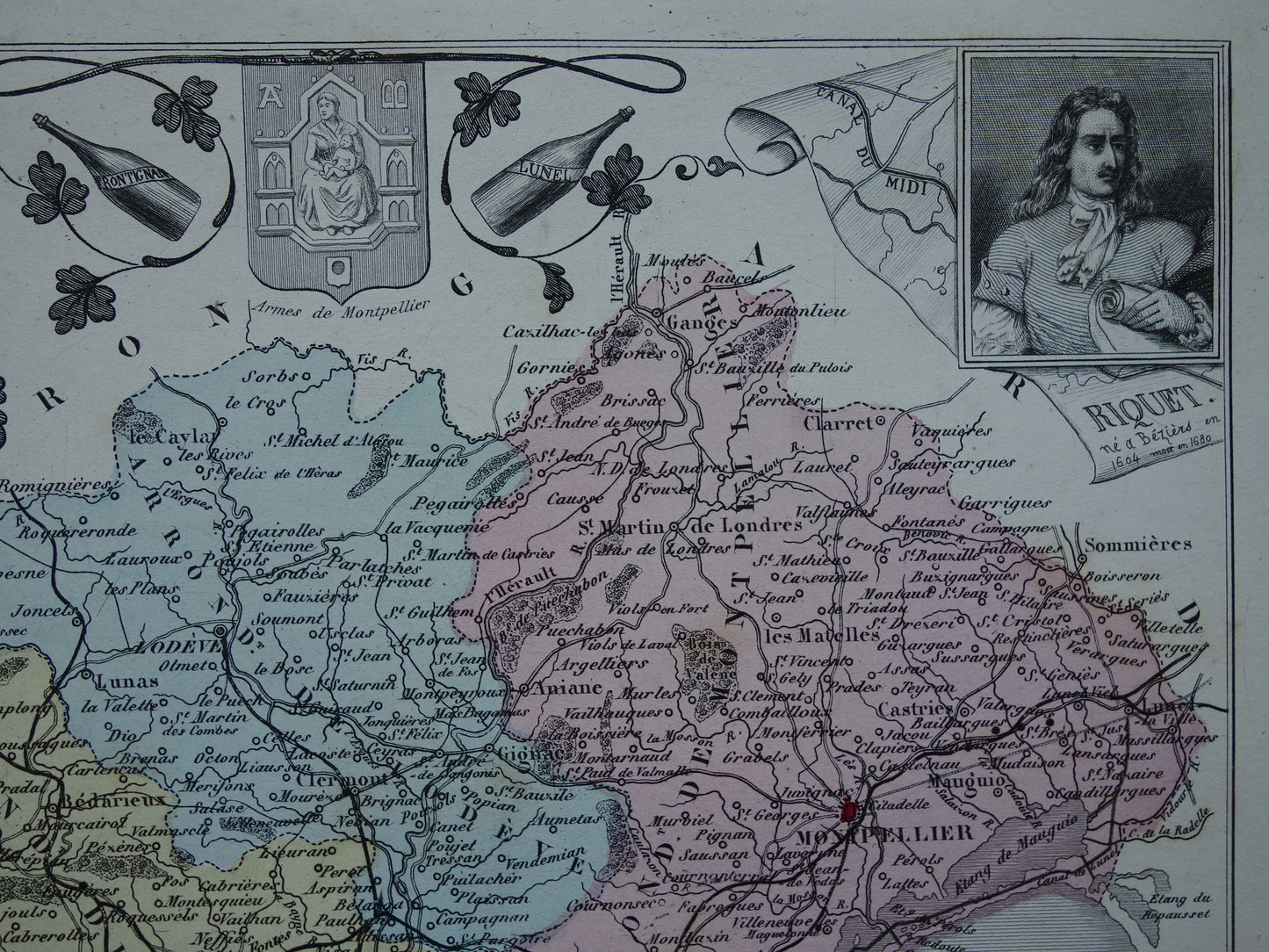Hérault Frankrijk Oude kaart uit 1870 originele antieke handgekleurde landkaart Herault departement Montpellier