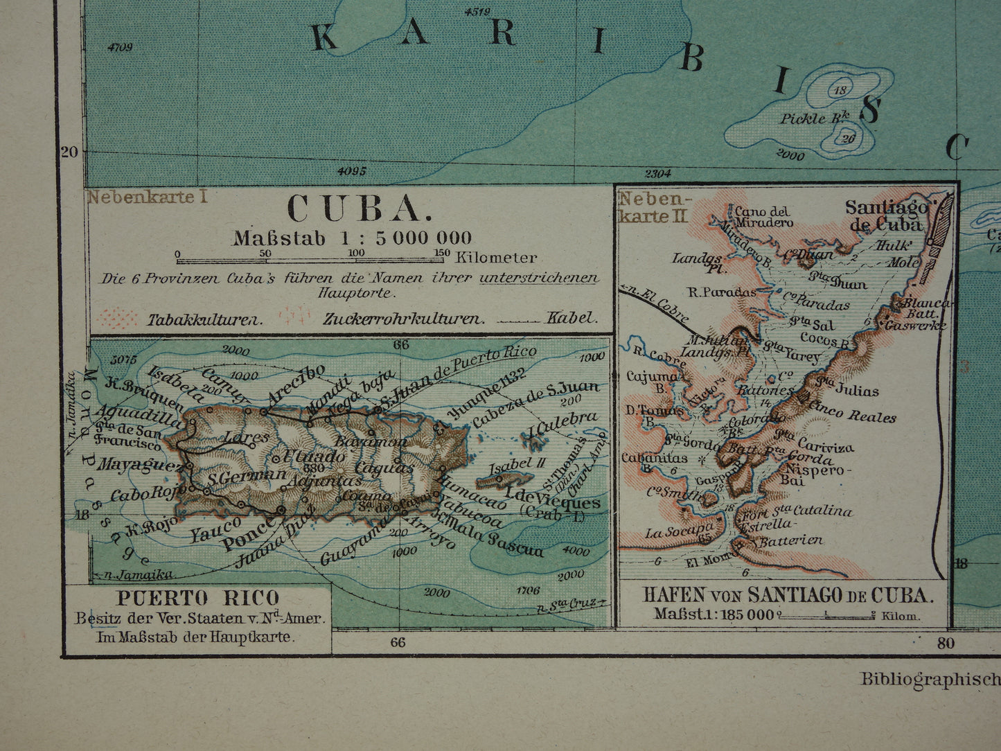 CUBA oude kaart uit 1905 van Cuba en Jamaica originele kleine antieke Duitse landkaart