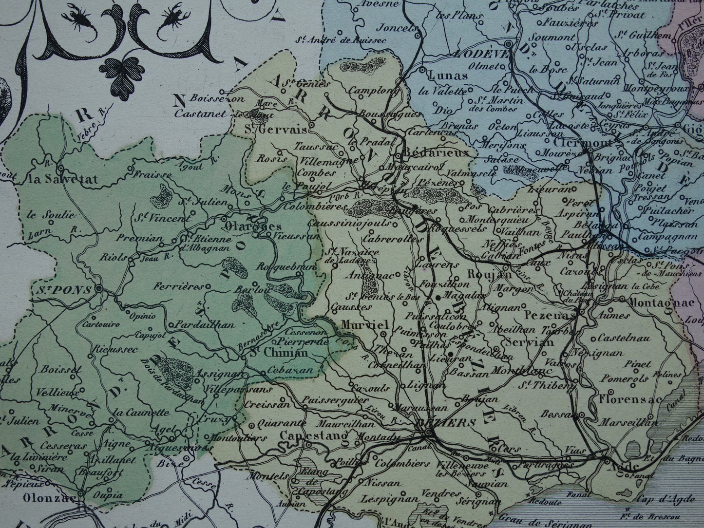 Hérault Frankrijk Oude kaart uit 1870 originele antieke handgekleurde landkaart Herault departement Montpellier