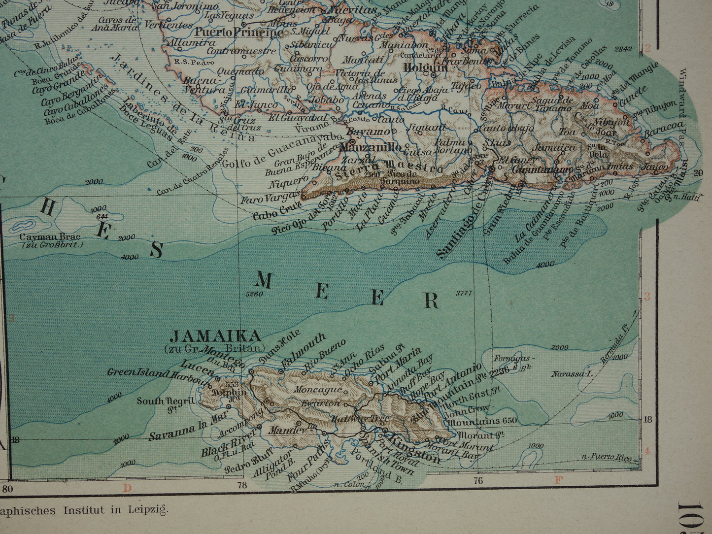 CUBA oude kaart uit 1905 van Cuba en Jamaica originele kleine antieke Duitse landkaart