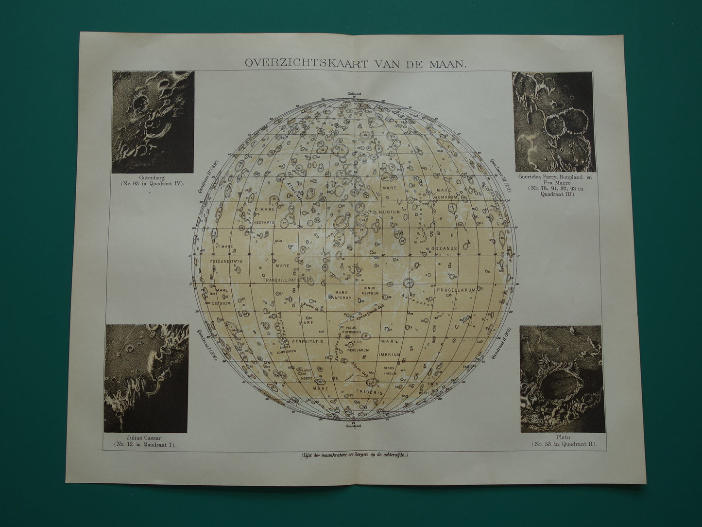 Oude kaart van de Maan originele antieke print zichtbare zijde van de maan - Nederlandse maankaart uit 1919