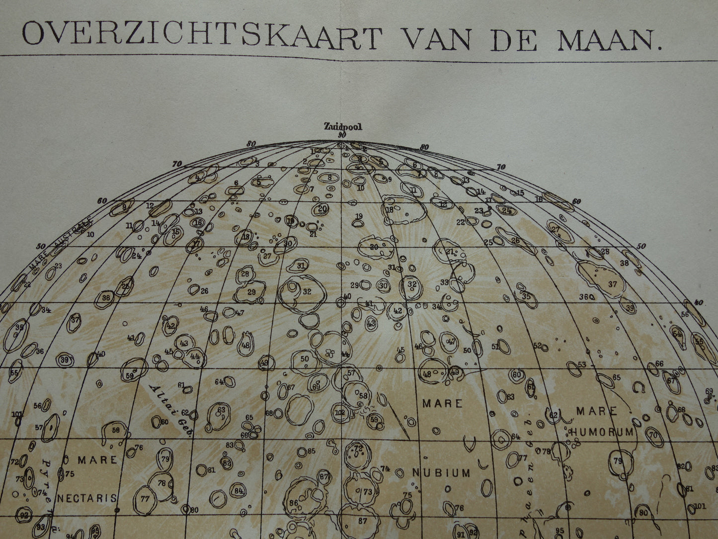 Oude kaart van de Maan originele antieke print zichtbare zijde van de maan - Nederlandse maankaart uit 1919