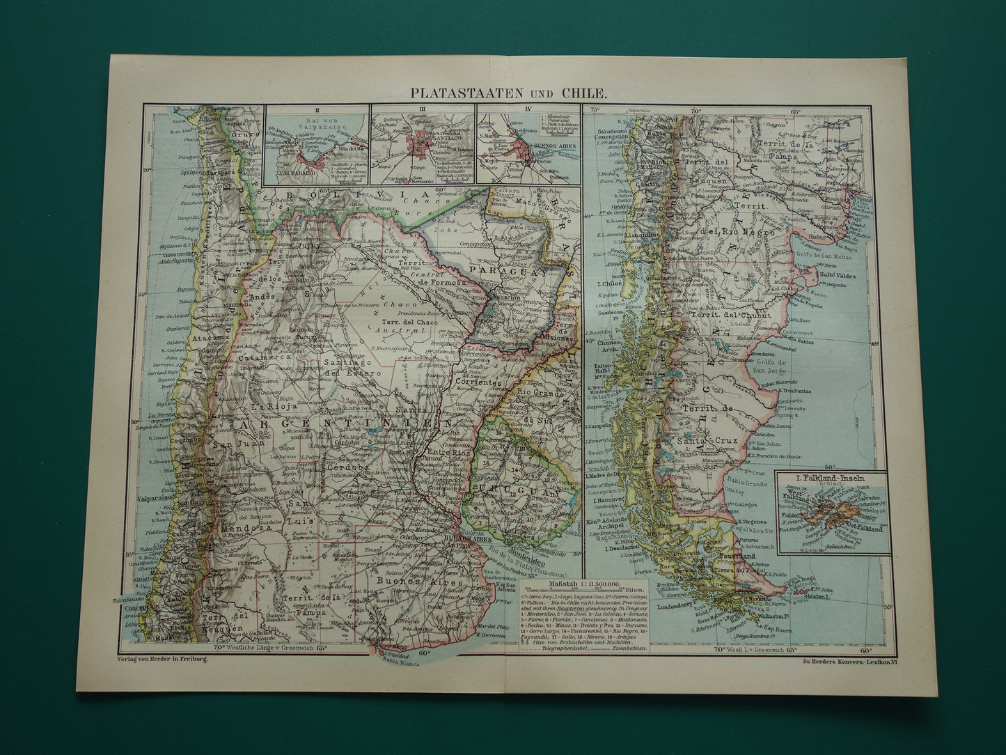 Argentinië en Chili oude kaart uit 1921 originele antieke Duitse landkaart