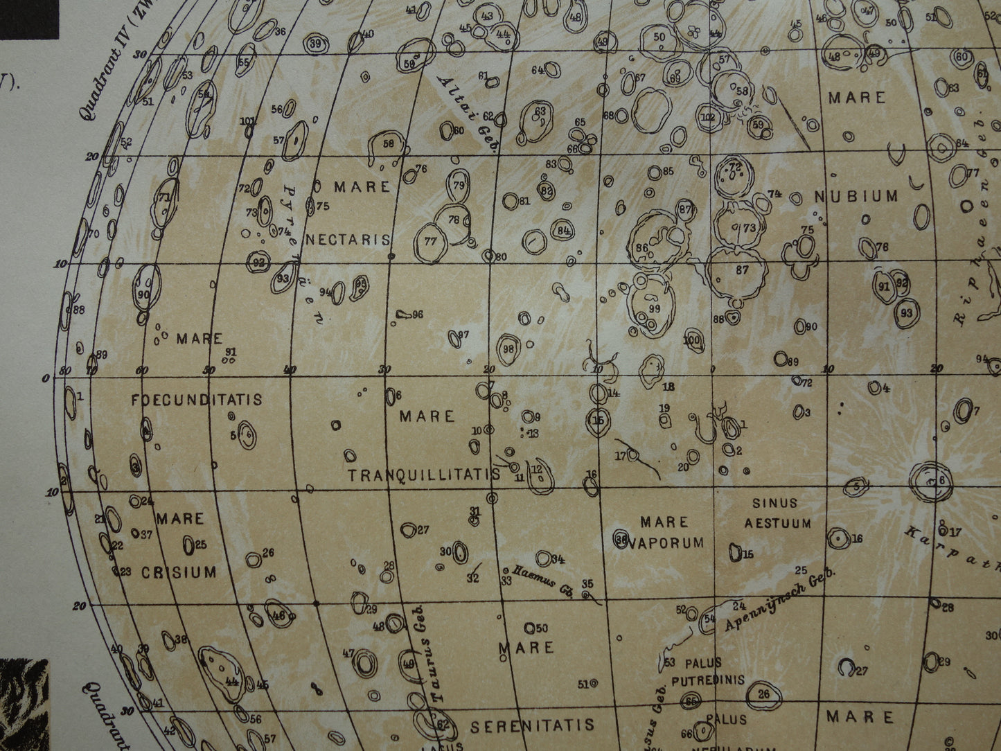 Oude kaart van de Maan originele antieke print zichtbare zijde van de maan - Nederlandse maankaart uit 1919