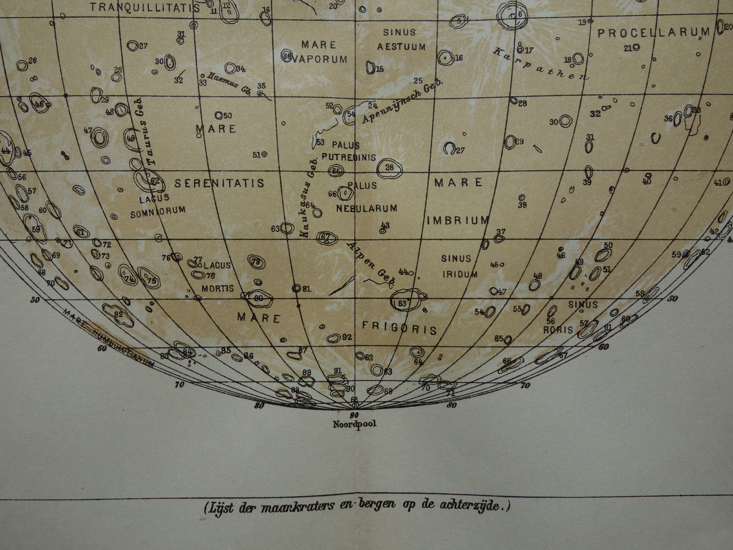 Oude kaart van de Maan originele antieke print zichtbare zijde van de maan - Nederlandse maankaart uit 1919