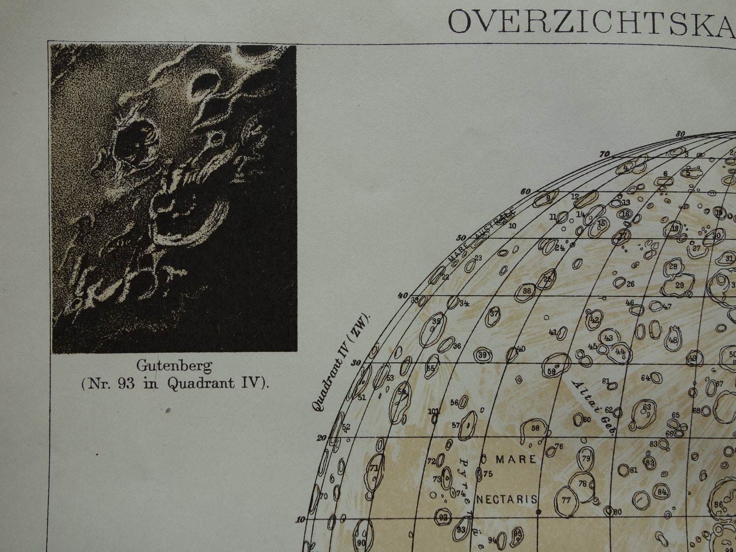 Oude kaart van de Maan originele antieke print zichtbare zijde van de maan - Nederlandse maankaart uit 1919