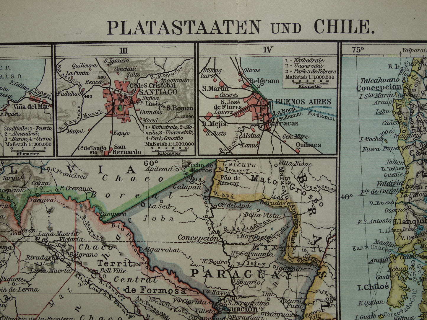Argentinië en Chili oude kaart uit 1921 originele antieke Duitse landkaart