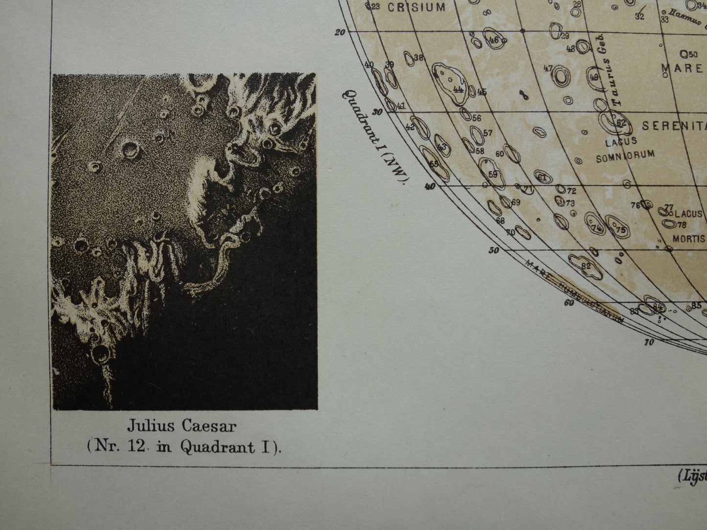 Oude kaart van de Maan originele antieke print zichtbare zijde van de maan - Nederlandse maankaart uit 1919