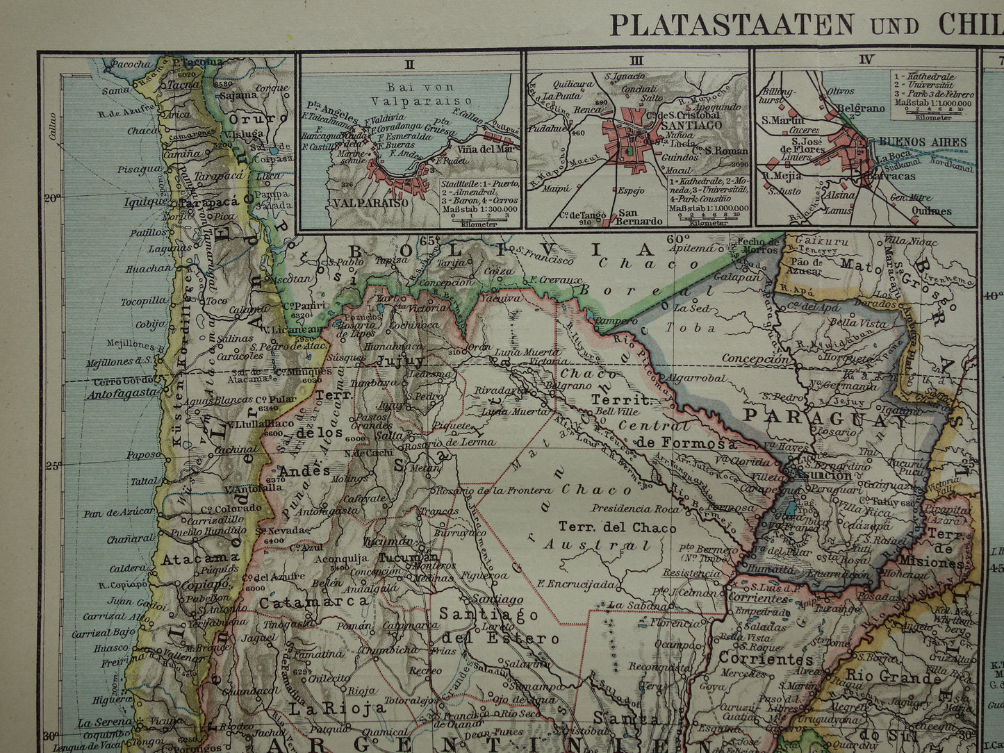Argentinië en Chili oude kaart uit 1921 originele antieke Duitse landkaart