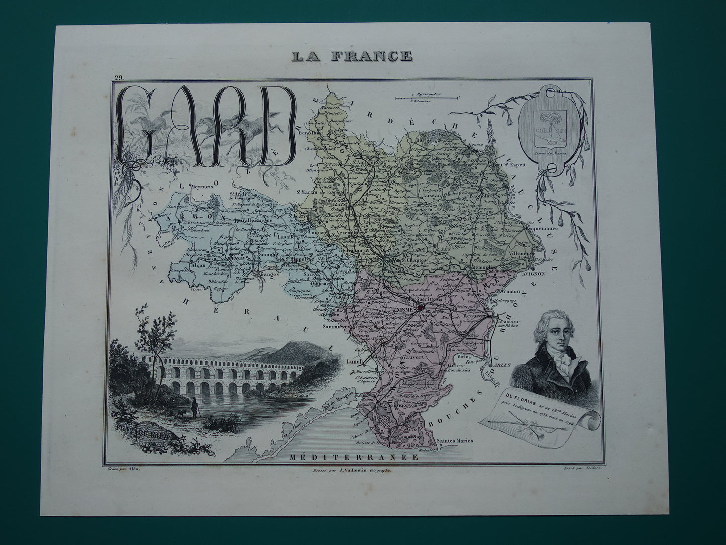 GARD Frankrijk Oude kaart uit 1870 originele antieke handgekleurde landkaart Gard departement Nîmes Pont du Gard