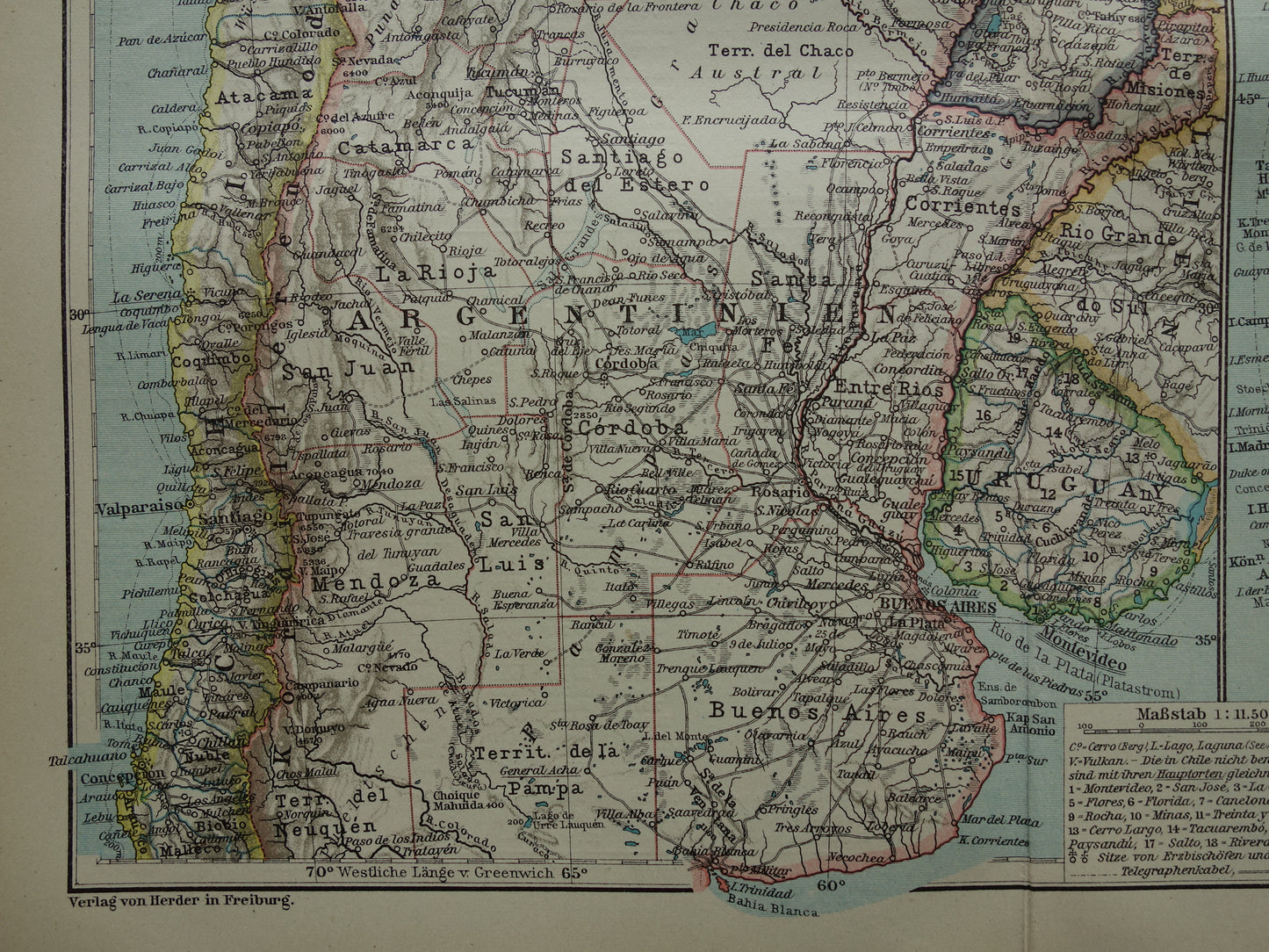 Argentinië en Chili oude kaart uit 1921 originele antieke Duitse landkaart