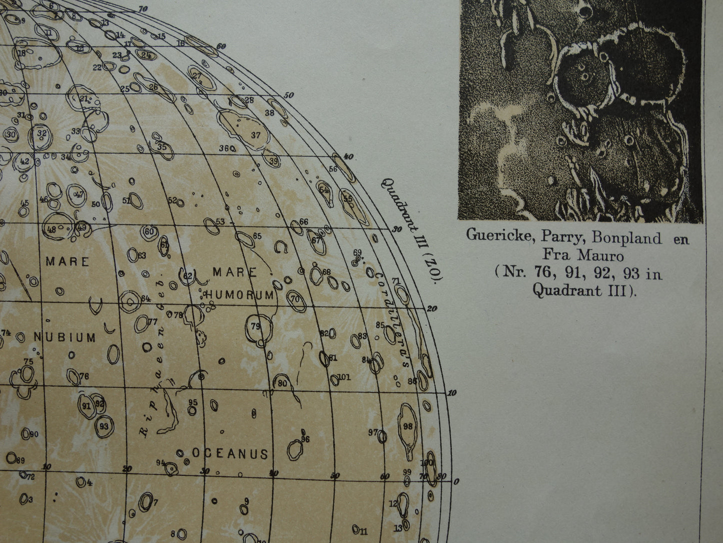Oude kaart van de Maan originele antieke print zichtbare zijde van de maan - Nederlandse maankaart uit 1919