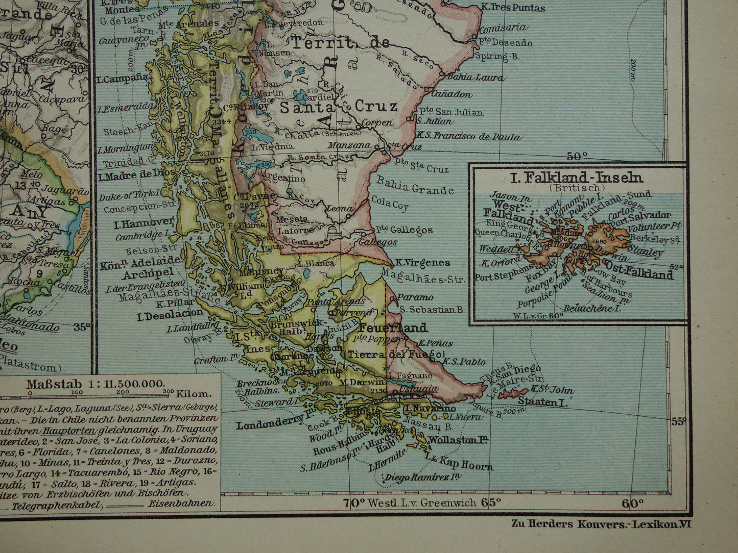 Argentinië en Chili oude kaart uit 1921 originele antieke Duitse landkaart