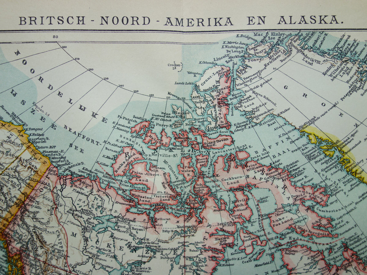 Vintage-Karte von Kanada, Grönland und Alaska, originale antike niederländische Karte - alte Karten