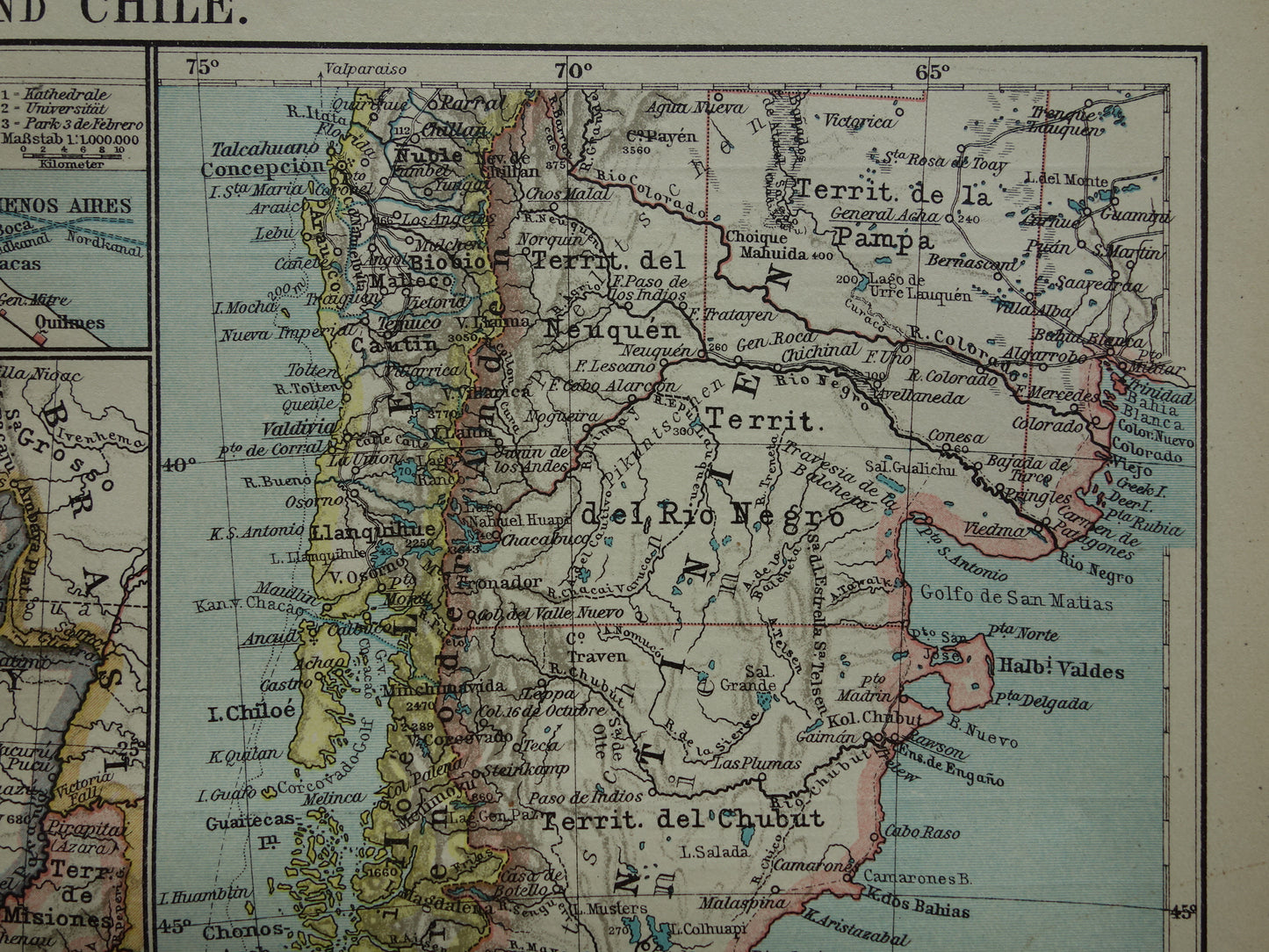 Argentinië en Chili oude kaart uit 1921 originele antieke Duitse landkaart